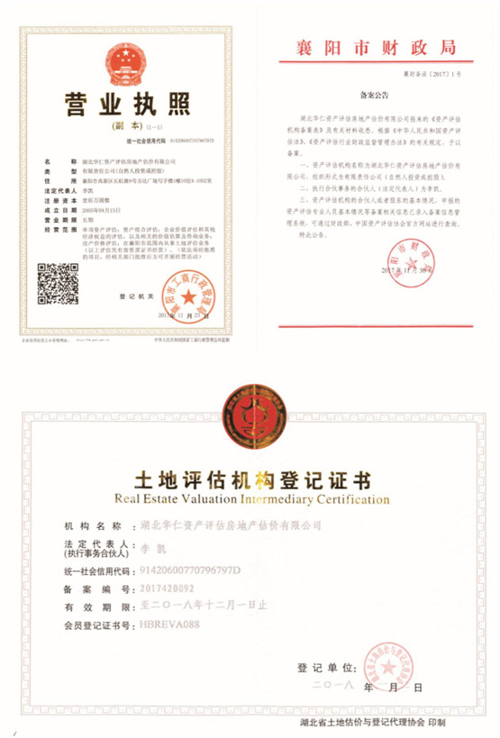 華仁資產(chǎn)評(píng)估房地產(chǎn)估價(jià)有限公司營(yíng)業(yè)執(zhí)照、資產(chǎn)評(píng)估備案公告、土地評(píng)估機(jī)構(gòu)登記證書.jpg